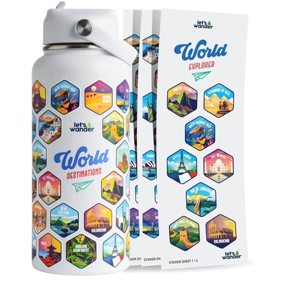 LET'S WANDER World Water Bottle with 2 Sets of 50 Waterproof Stickers - 32oz